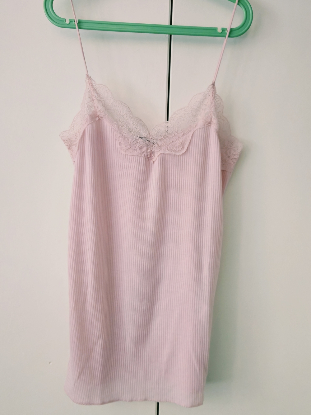 Zara Pale Pink Ribbed Lace-Trim Slip Chemise